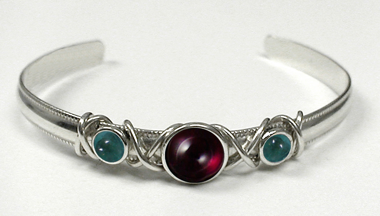 Sterling Silver Hand Made Cuff Bracelet With Garnet And Fluorite